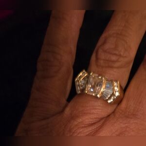 Sparkling Pink Topaz Ring w/White Topaz Baguette Detail/Goldwash over Sterling